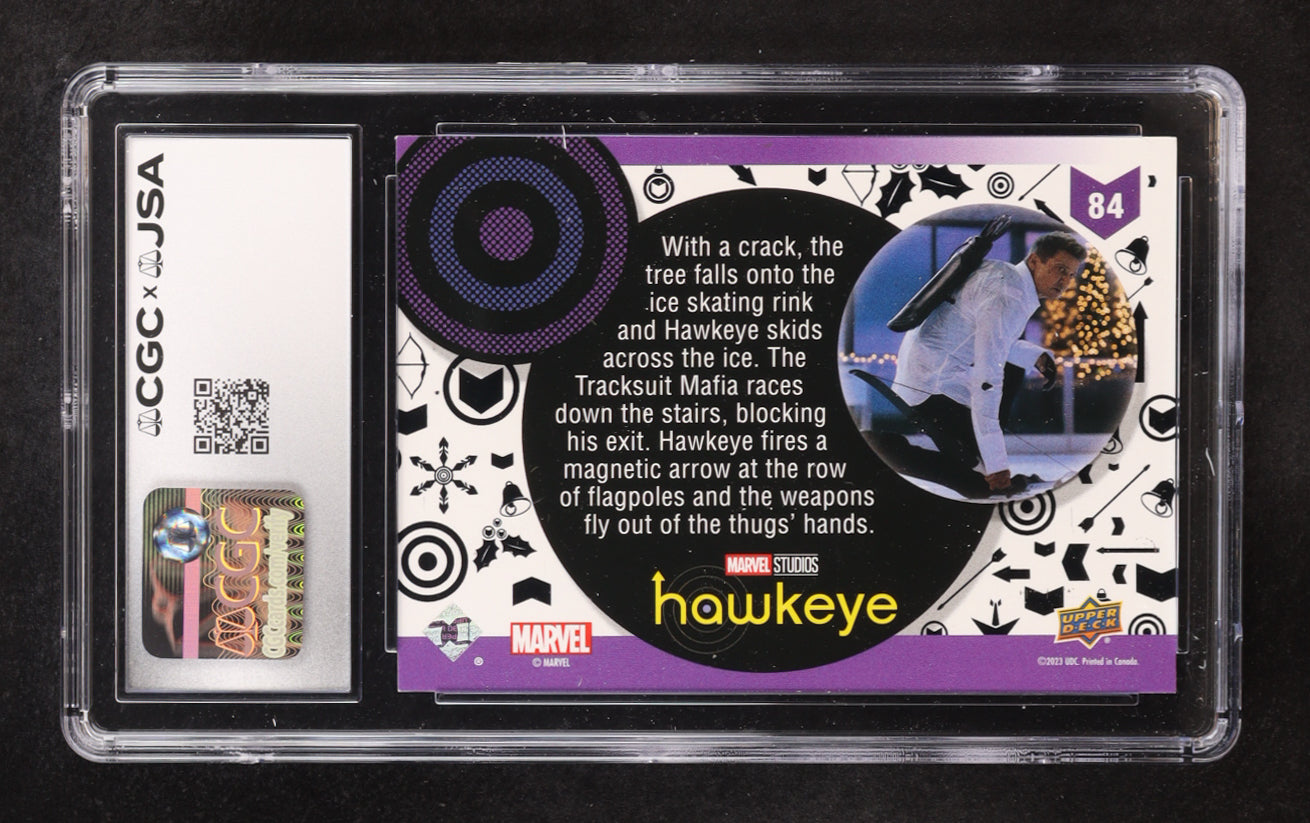 Jeremy Renner signed Hawkeye 2023 Upper Deck We're Too Exposed #84 (CGC 8)