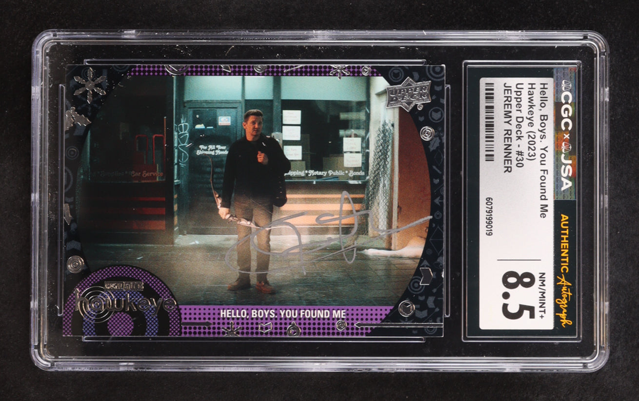 Jeremy Renner signed Hawkeye 2023 Upper Deck Hello, Boys You Found Me #30 (CGC 8.5)