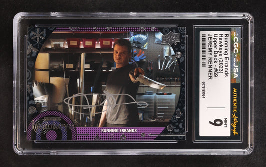 Jeremy Renner signed Hawkeye 2023 Upper Deck Running Errands #69 (CGC 9)