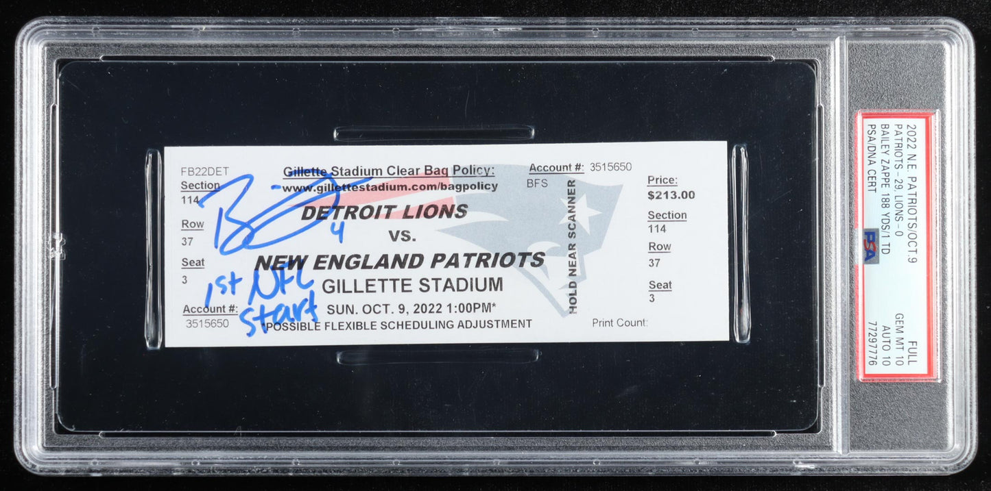 Bailey Zappe Signed Patriots 2022 NFL Debut Game Ticket Inscribed "1st NFL Start" (PSA) New England Patriots Vs Detroit Lions