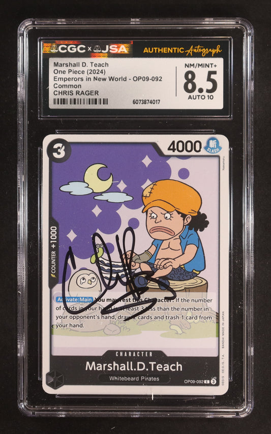 Chris Rager Signed 2024 One Piece Card Game Emperors in New World Marshall D. Teach C #OP09-092 (CGC 8.5 | Autograph Graded CGC 10) Autograph Graded CGC 10