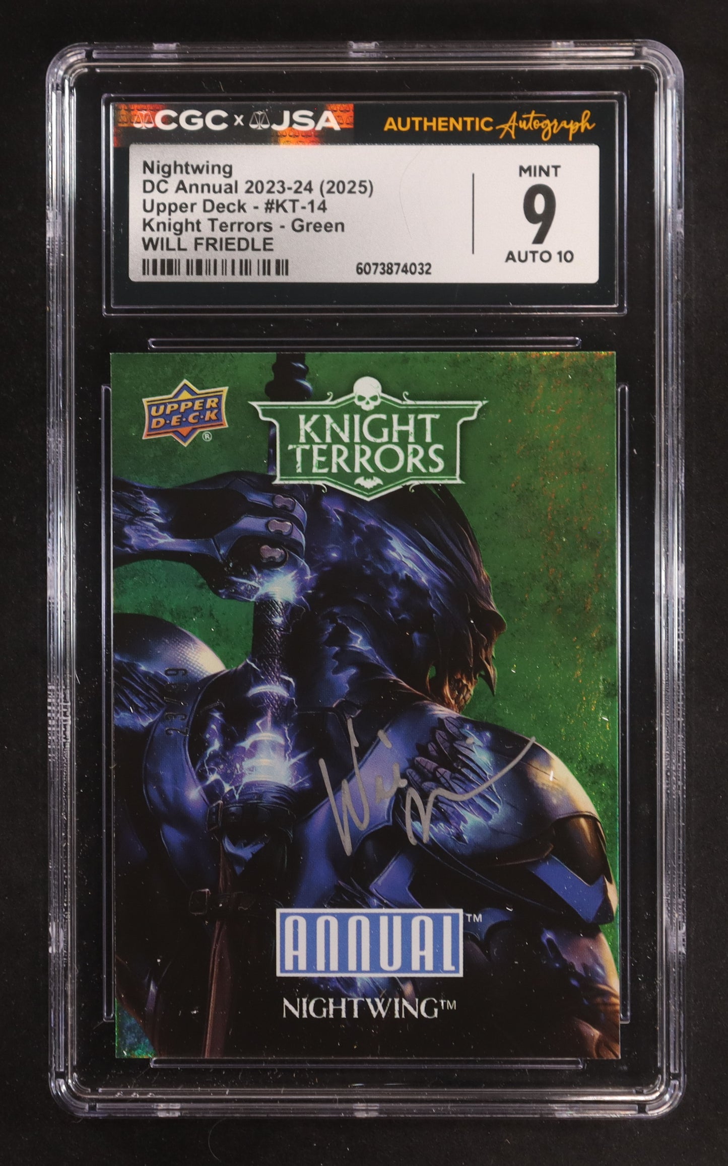 Will Friedle Signed 2023-24 Nightwing Upper Deck DC Annual Knight Terrors Green #KT-14 #23/99 (CGC 9 | Autograph Graded CGC 10) Serially Numbered #23 / 99 | Autograph Graded CGC 10