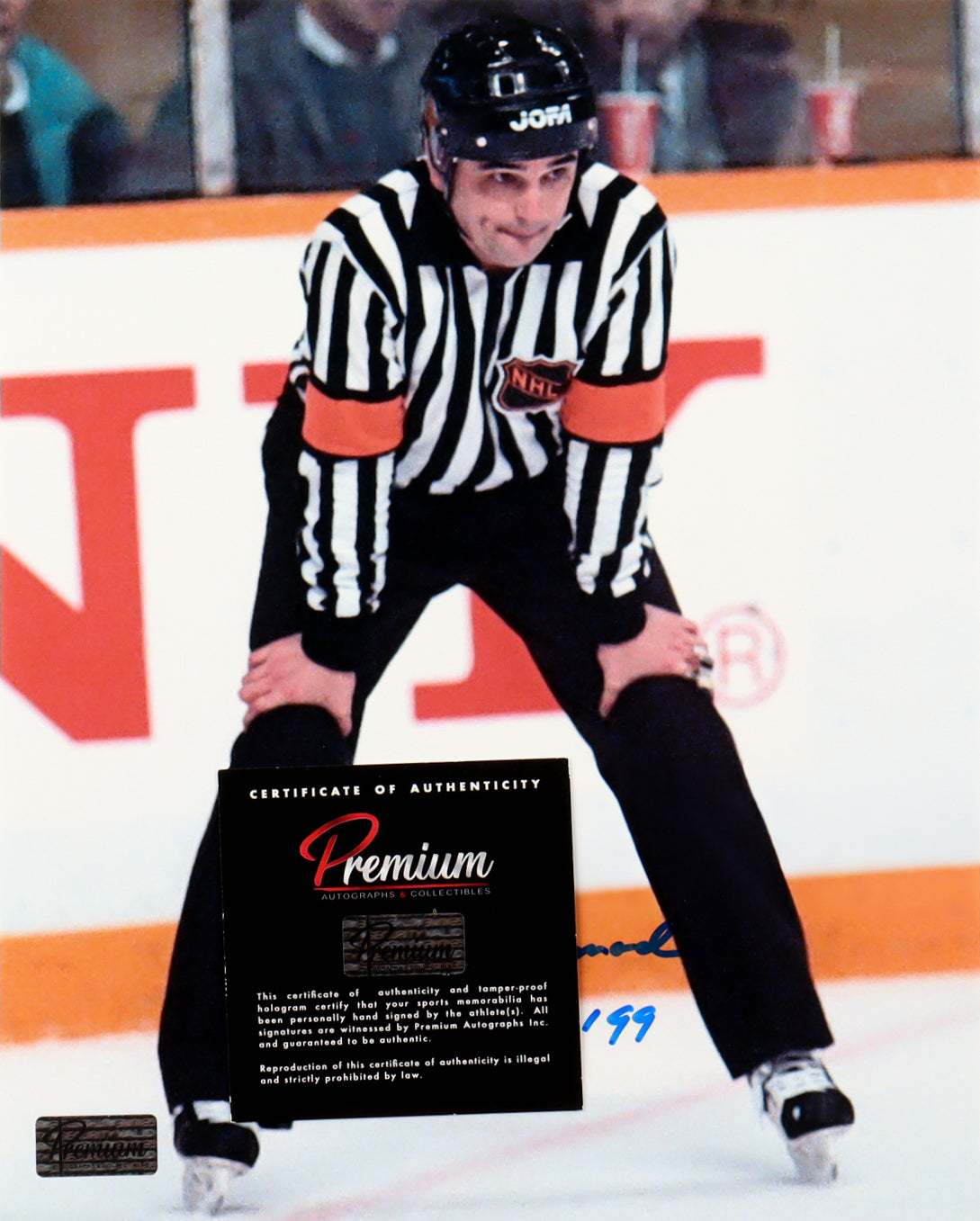 Andy Van Hellemond Signed NHL 8x10 Photo Inscribed "H.H. of F. 99" (Premium Autographs) - Referee NHL Referee