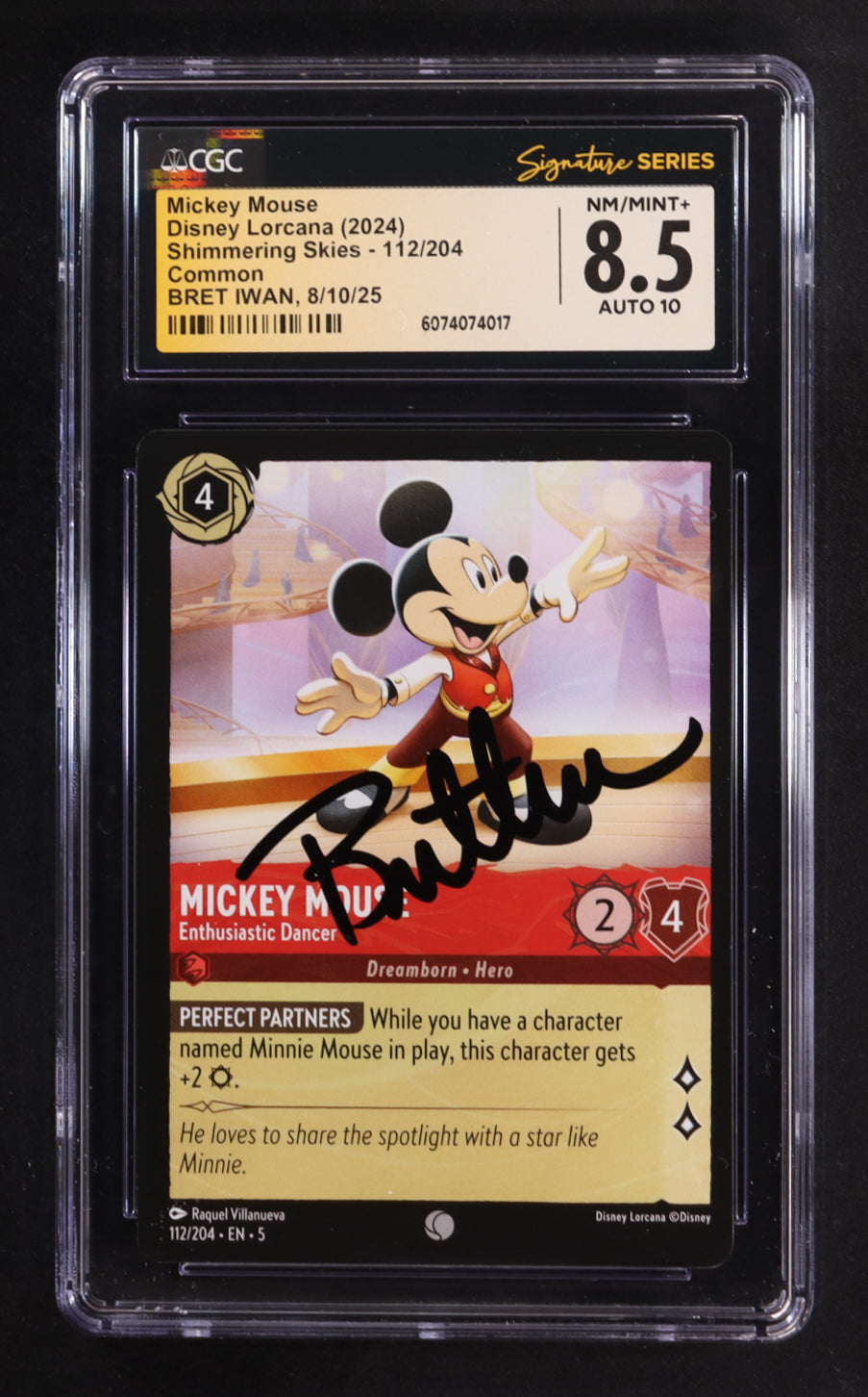 Bret Iwan Signed 2024 Disney Lorcana TCG Shimmering Skies #112 Mickey Mouse - Enthusiastic Dancer (CGC 8.5 | Auto 10) Voice Actor Of Mickey Mouse