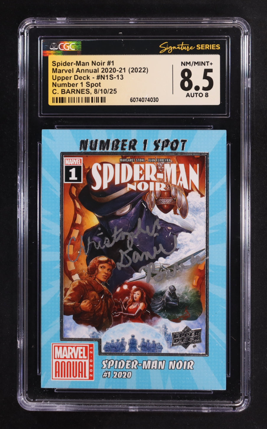 Christopher Barnes Signed 2020-21 Upper Deck Marvel Annual Number 1 Spot #N1S13 Spider-Man Noir (CGC 8.5 | Auto 8) Voice Actor Of Spider-Man Noir