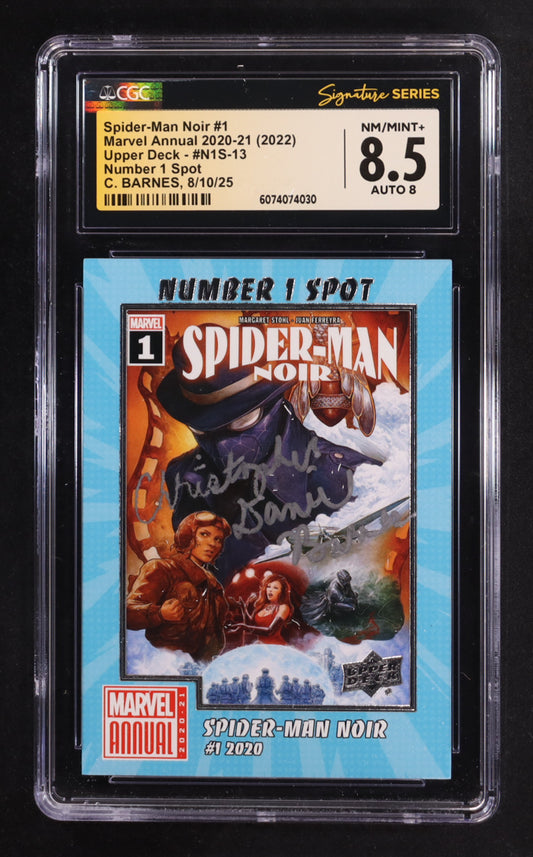 Christopher Barnes Signed 2020-21 Upper Deck Marvel Annual Number 1 Spot #N1S13 Spider-Man Noir (CGC 8.5 | Auto 8) Voice Actor Of Spider-Man Noir