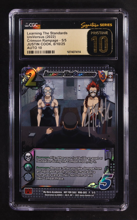 Justin Cook Signed 2022 UniVersus My Hero Adademia Crimson Rampage Promos #5 Learning The Standards (CGC 10 | Pristine Black Label | Auto 10) Voice Actor Of Eijiro Kirishima