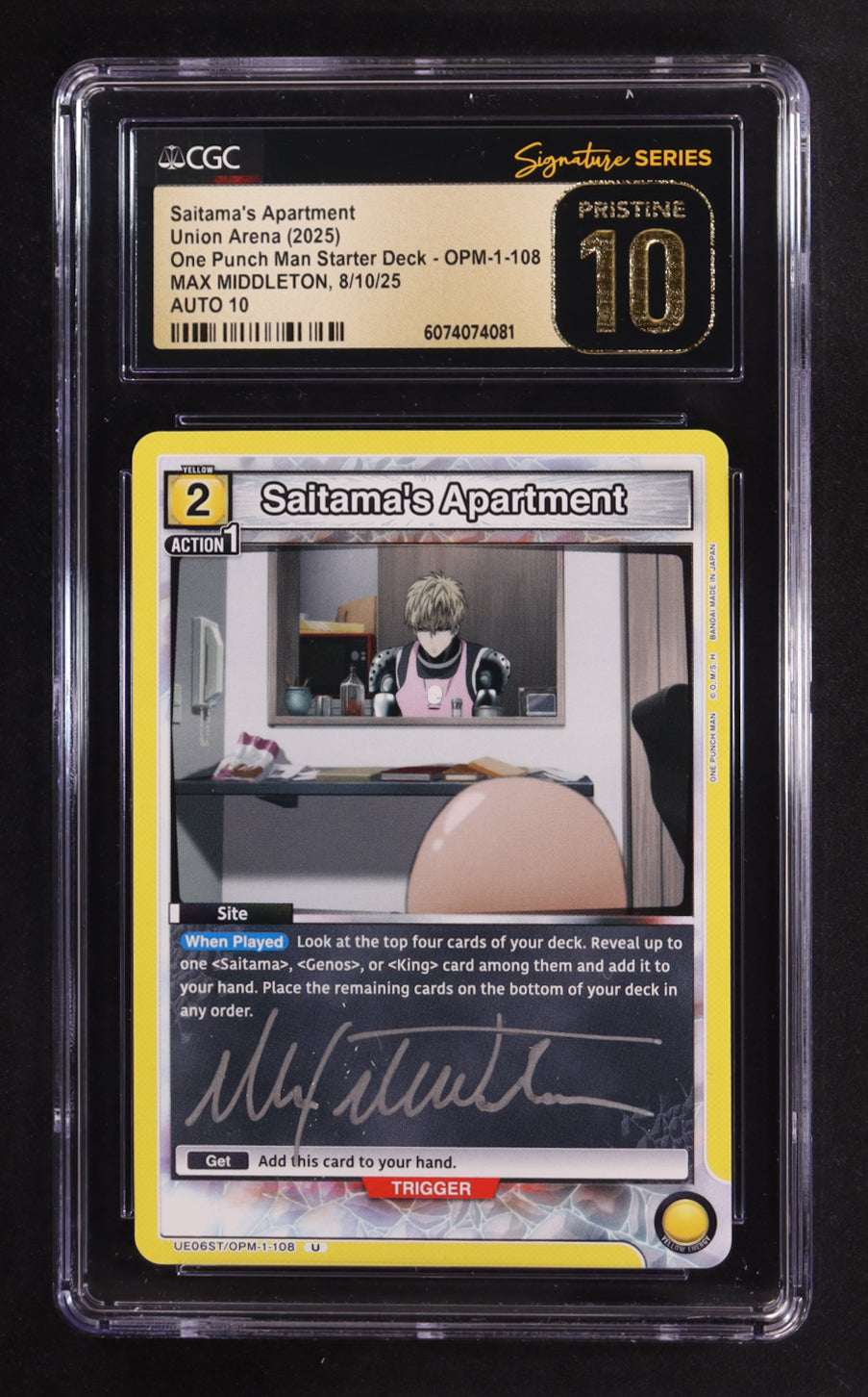 Max Middleton Signed 2025 Union Arena TCG One Punch Man Starter Deck #UE06STOPM1108 Saitama's Apartment (CGC 10 | Pristine Black Label | Auto 10) Voice Actor Of Saitama