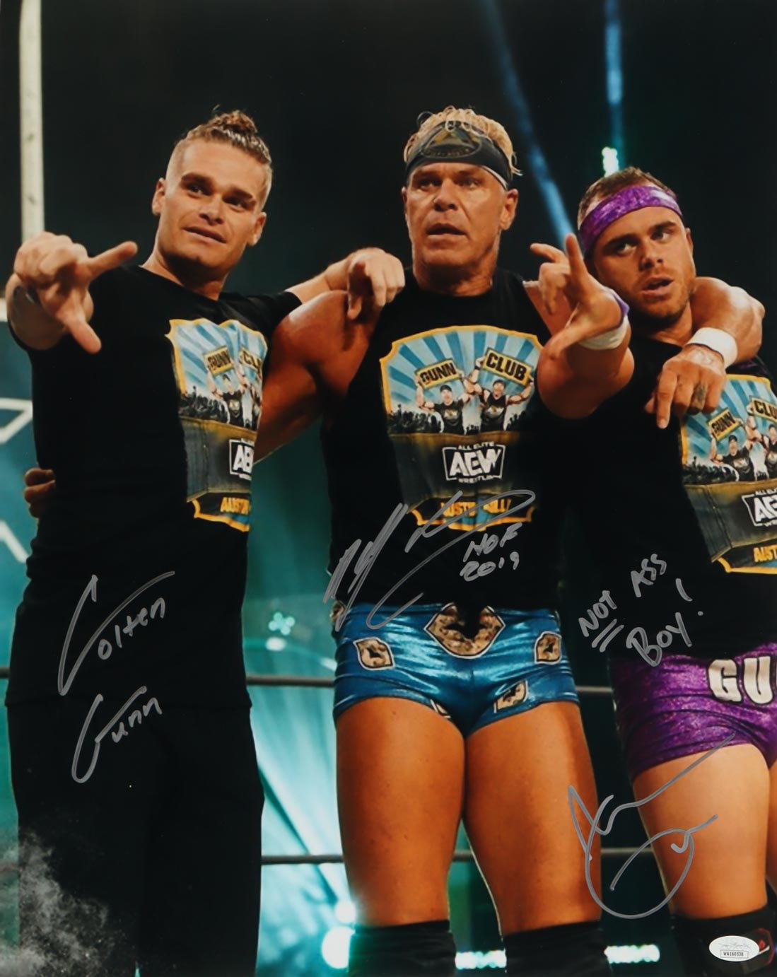 Billy Gunn, Austin Gunn & Colten Gunn Signed (JSA) WWE 16x20 Photo Inscribed "Not Ass Boy!" & "HOF 19" - JSA Witnessed | The Gunn Club