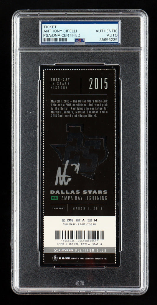 Anthony Cirelli Signed 2018 NHL Debut Game Ticket (PSA)