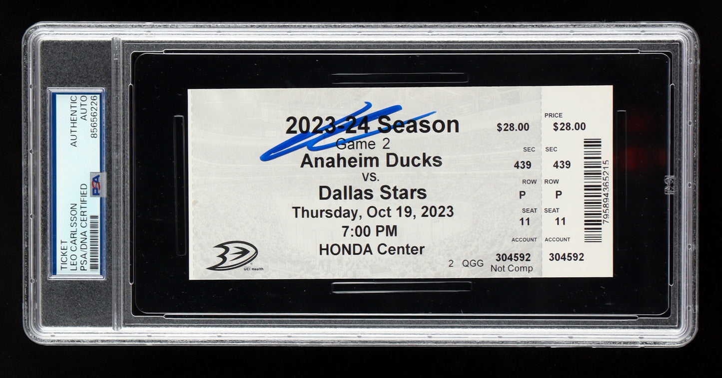 Leo Carlsson Signed 2023 NHL Debut + 1st Goal Ticket (PSA)