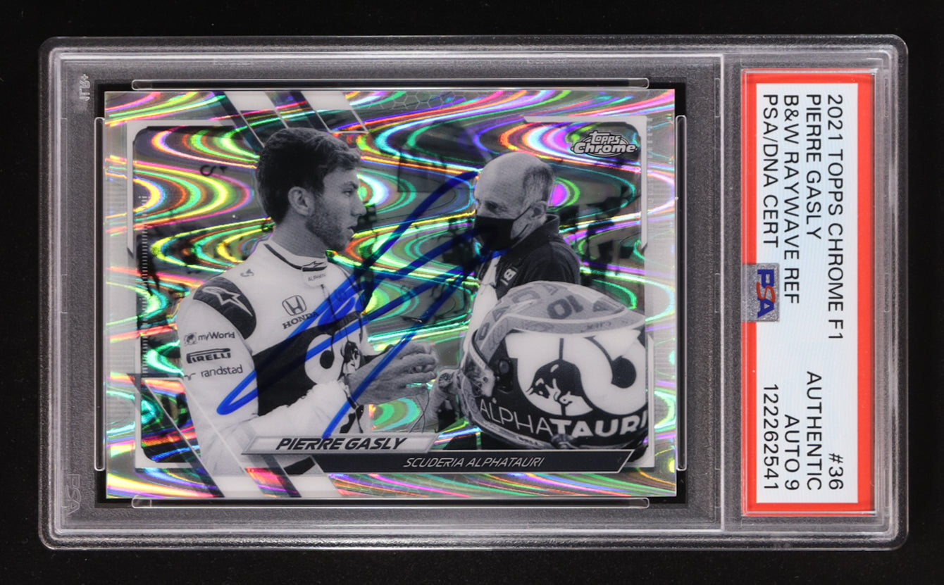 Pierre Gasly Signed 2021 Topps Chrome F1 B&W Raywave Refractor #36 (PSA | Autograph Graded PSA 9) Autograph Graded PSA 9