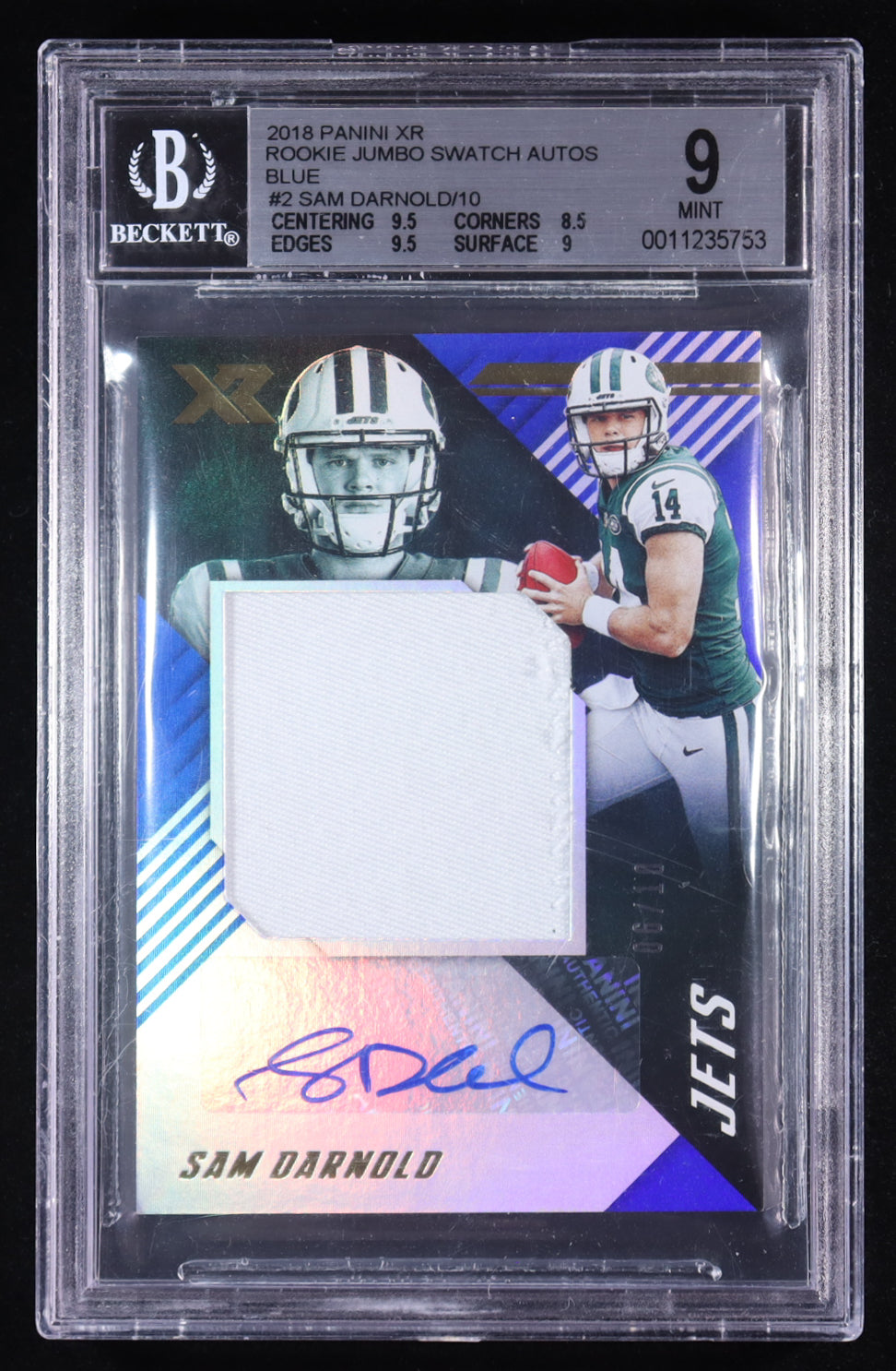 Sam Darnold 2018 Panini XR Rookie Jumbo Swatch Autographs Blue #2 #06/10 RC (Beckett 9 | Auto Grade BGS 10) - Rookie Card | Serially Numbered #06 / 10