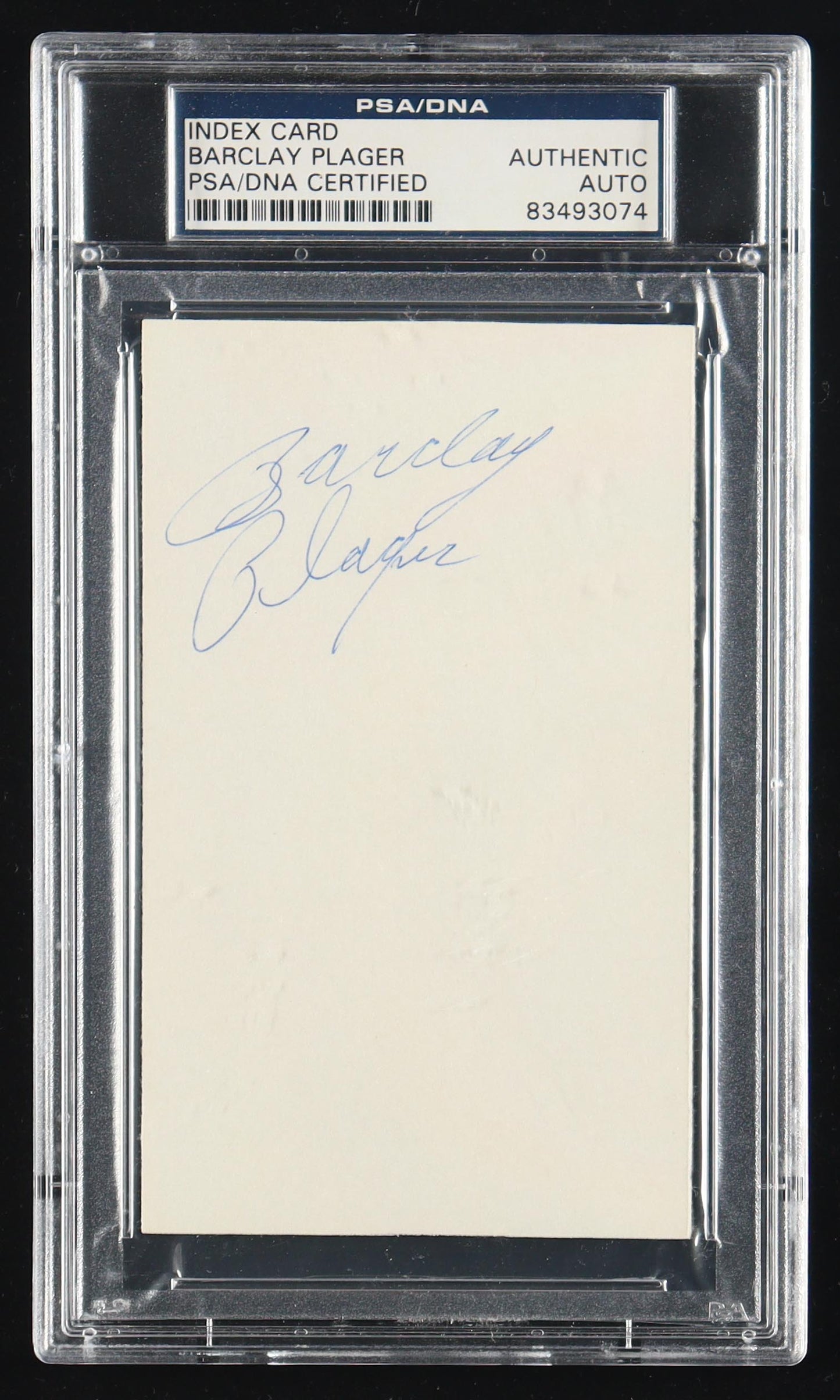 Barclay Plager Signed 3x5 Index Card (PSA)