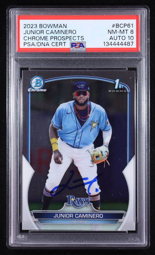 Junior Caminero Signed 2023 Bowman Chrome Prospects #BCP61 RC (PSA 8 | Autograph Grade 10) - Rookie Card