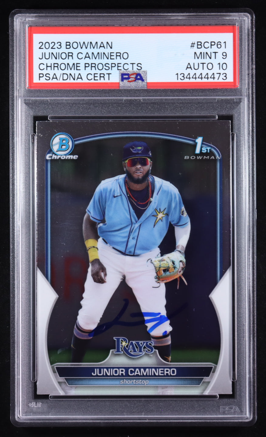 Junior Caminero Signed 2023 Bowman Chrome Prospects #BCP61 RC (PSA 9 | Autograph Grade 10) - Rookie Card