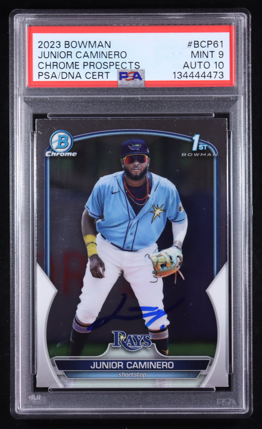 Junior Caminero Signed 2023 Bowman Chrome Prospects #BCP61 RC (PSA 9 | Autograph Grade 10) - Rookie Card