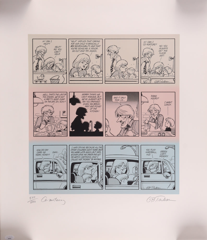 Garry Trudeau Signed (JSA) LE Doonesbury "Co-Nurturing" 21.5x25.5 Comic Strip Poster - Limited Edition #577 / 600 - Cartoonist