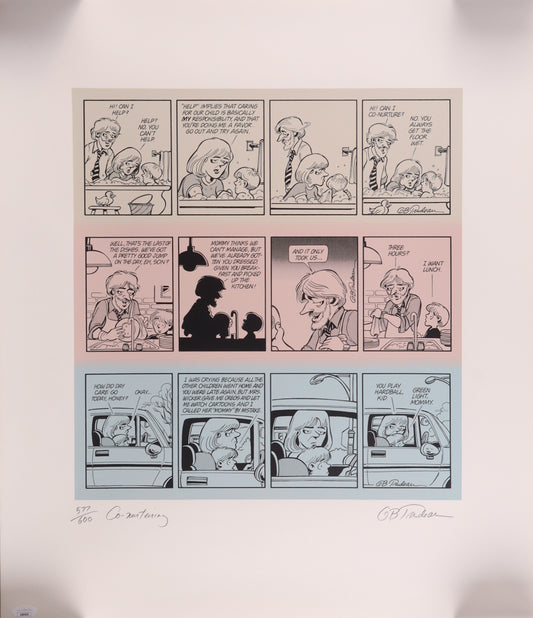 Garry Trudeau Signed (JSA) LE Doonesbury "Co-Nurturing" 21.5x25.5 Comic Strip Poster - Limited Edition #577 / 600 - Cartoonist