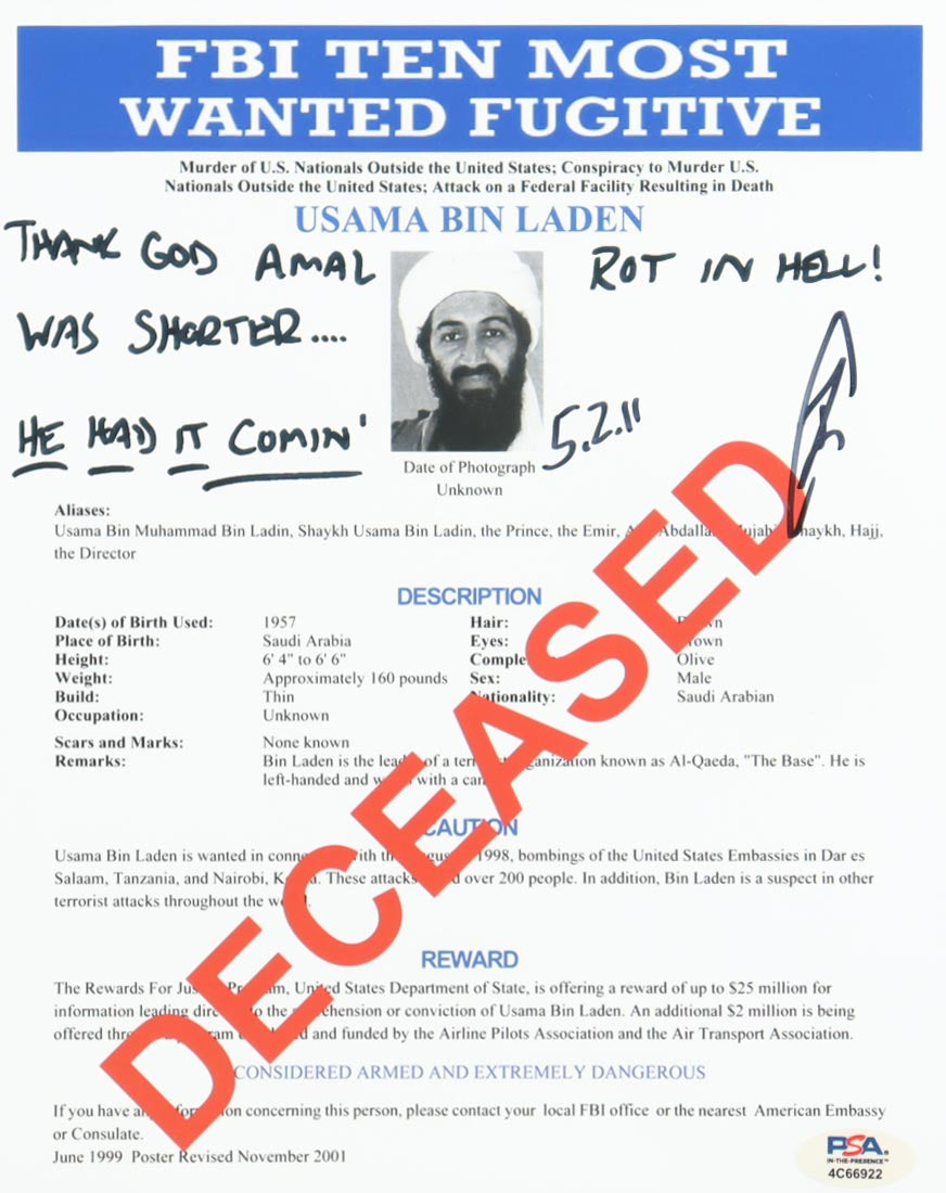 Robert J. O'Neill Signed (PSA) Osama Bin Laden FBI Wanted “DECEASED" 8x10 Photo With Multiple Inscriptions - U.S. Navy SEAL Who Killed Osama Bin Laden | PSA In-The-Presence