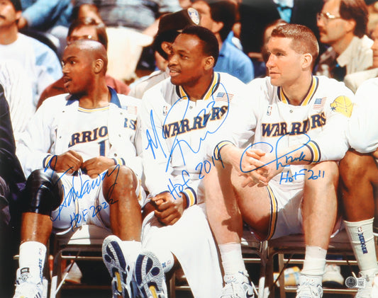Tim Hardaway, Chris Mullin & Mitch Richmond Signed (Beckett) Warriors 16x20 Photo Inscribed "HOF 2022", "HOF 2011" & "HOF 2014" - Beckett Witnessed