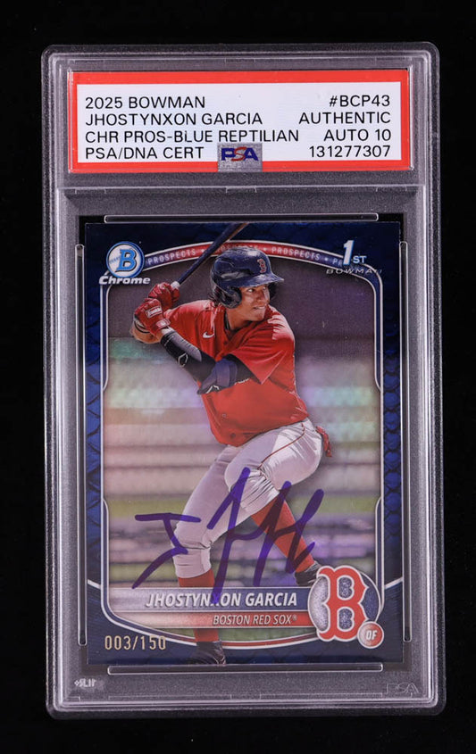Jhostynxon Garcia Signed 2025 Bowman Chrome Prospects Blue Reptilian Refractors #BCP43 #003/150 RC (PSA | Auto Grade PSA 10) Autograph Graded PSA 10 | Rookie Card | Serially Numbered #003 / 150