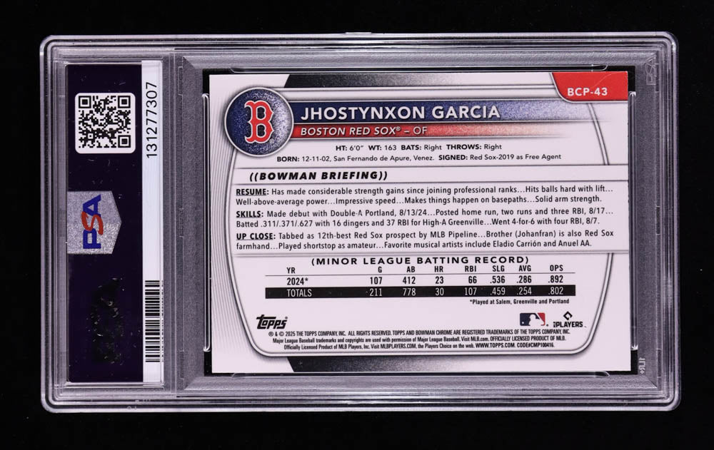 Jhostynxon Garcia Signed 2025 Bowman Chrome Prospects Blue Reptilian Refractors #BCP43 #003/150 RC (PSA | Auto Grade PSA 10) Autograph Graded PSA 10 | Rookie Card | Serially Numbered #003 / 150