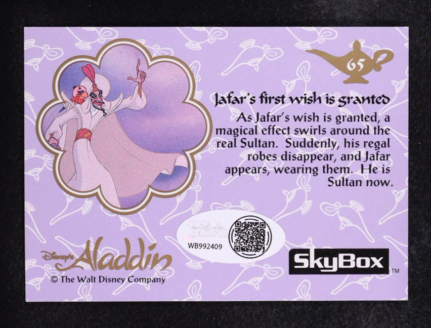Jonathan Freeman & Linda Larkin Signed (JSA) 1993 SkyBox Aladdin #65 Inscribed "Jasmine" & "Jafar"