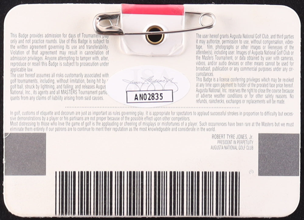 Mark O'Meara Signed 1998 Masters Ticket Badge (JSA)