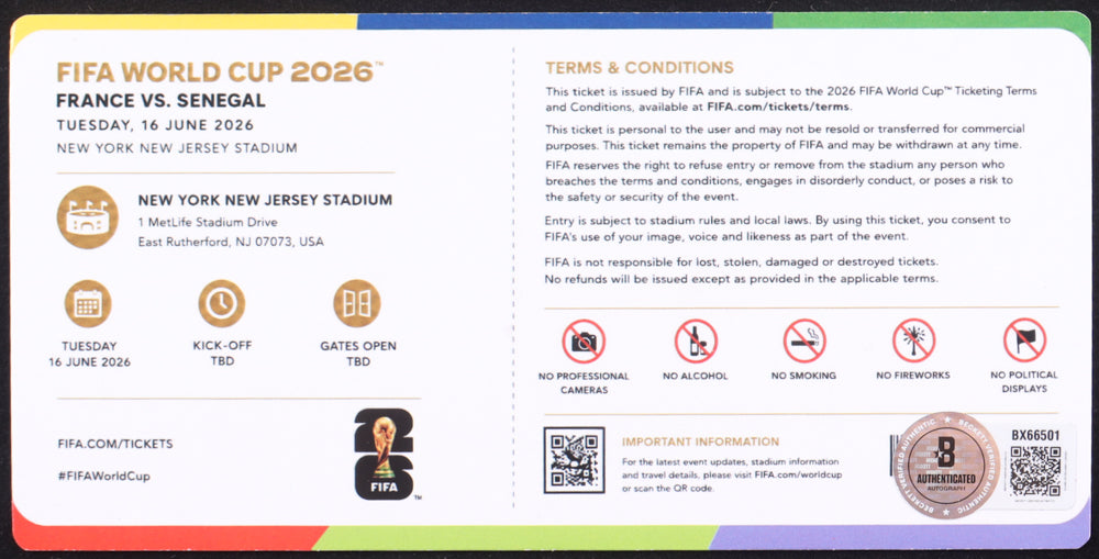 Warren Zaire-Emery Signed (Beckett) 2026 France vs. Senegal FIFA World Cup Souvenir Ticket
