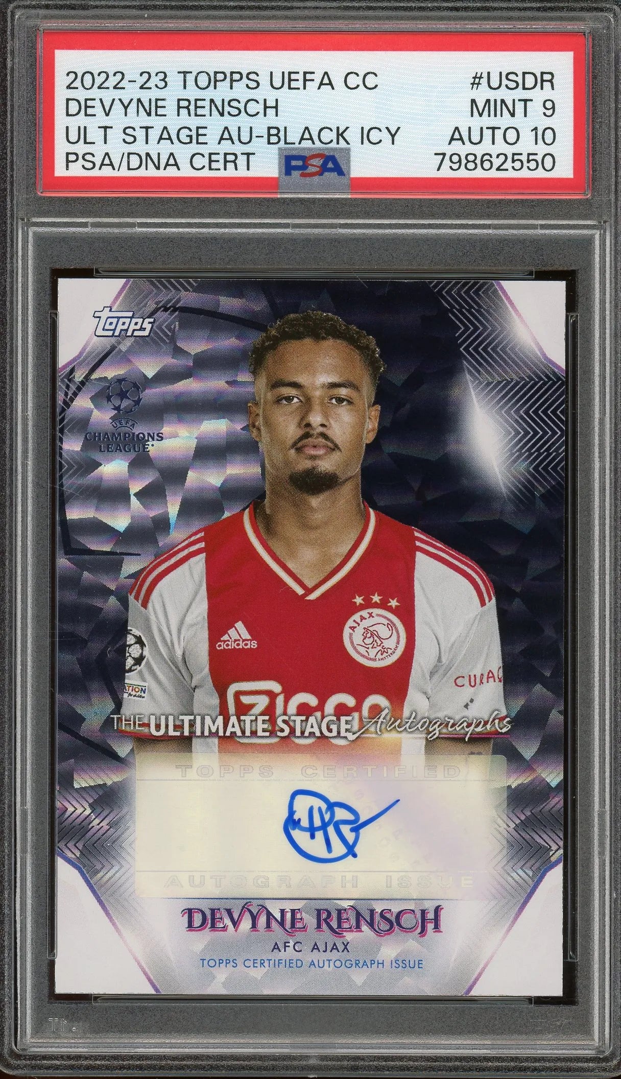 Devyne Rensch 2022 Topps UEFA Ultimate Stage Black Icy Refractor Autograph Soccer Card #USDR – #8 Of 10 – Graded Mint 9 (PSA) With Graded 10 Autograph