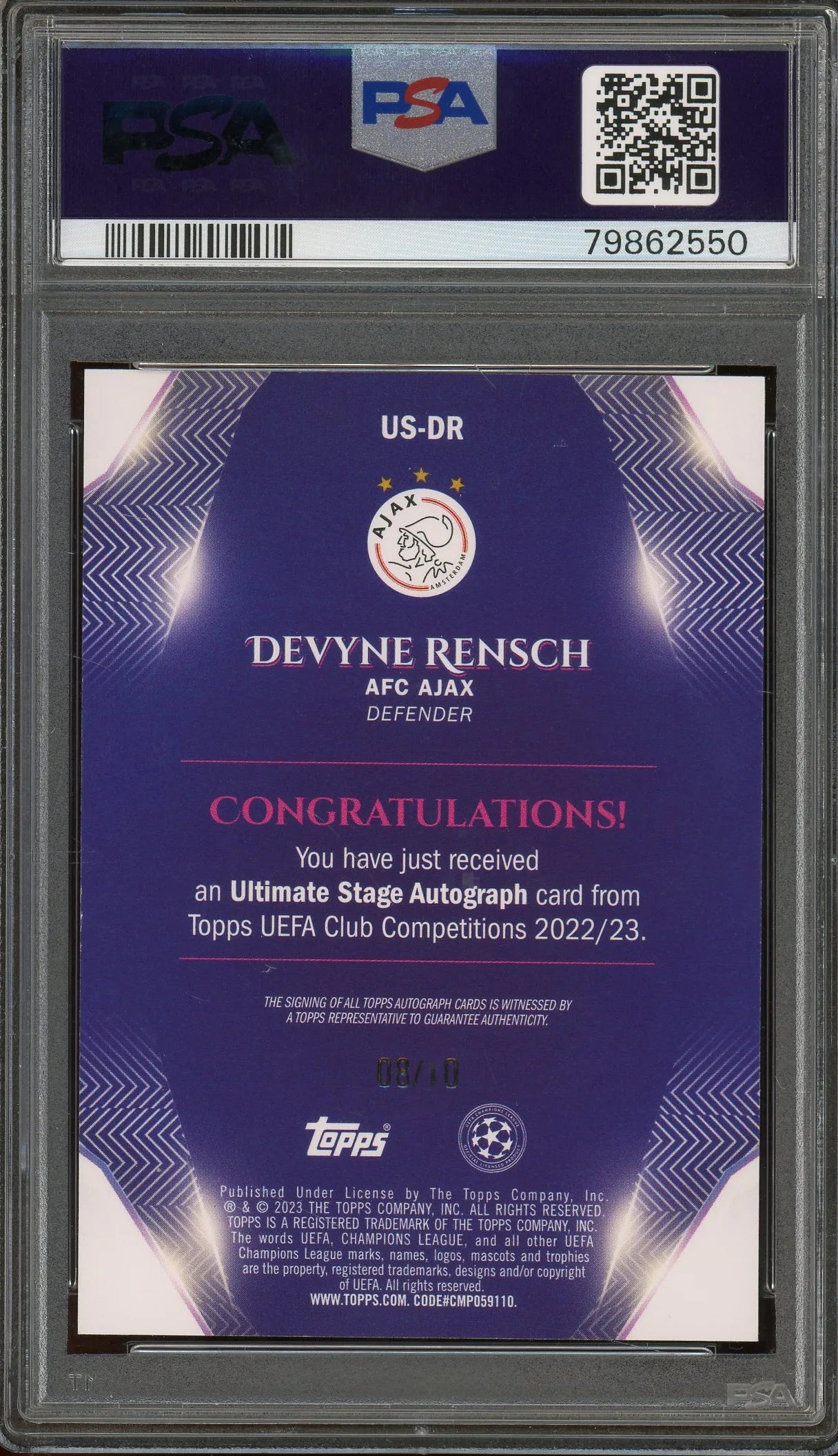 Devyne Rensch 2022 Topps UEFA Ultimate Stage Black Icy Refractor Autograph Soccer Card #USDR – #8 Of 10 – Graded Mint 9 (PSA) With Graded 10 Autograph