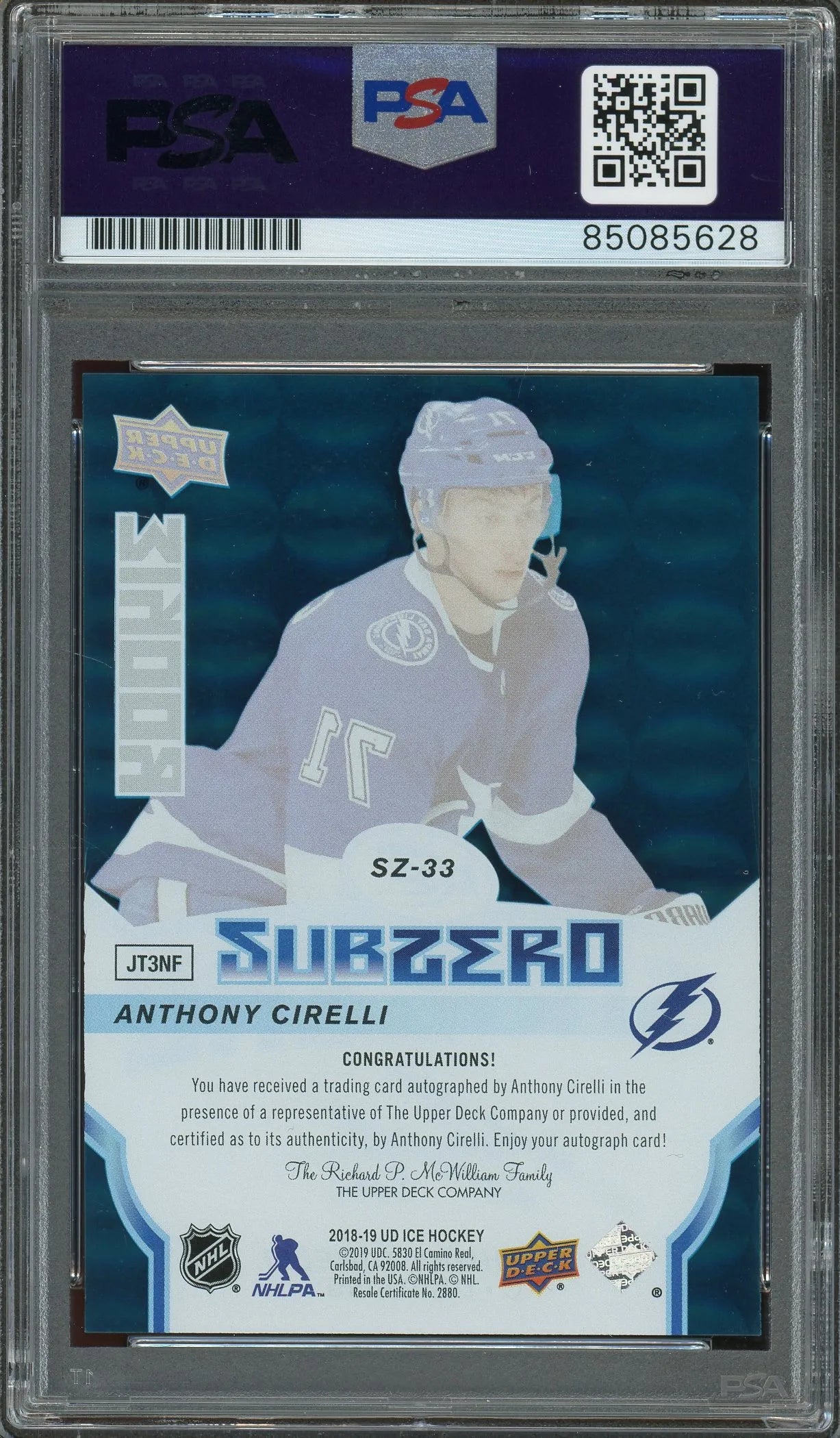 Anthony Cirelli Signed 2018 Upper Deck Ice SubZero #SZ-33 RC (PSA) - Rookie Card