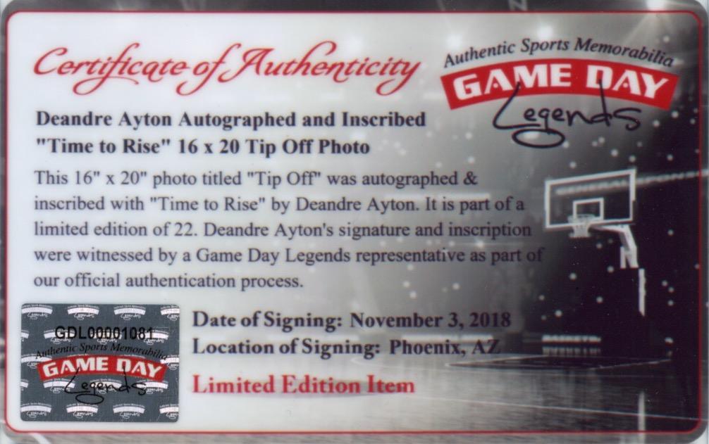Deandre Ayton Signed LE Suns 16x20 Photo Inscribed "Time To Rise" (Game Day Legends & Steiner) Limited Edition # / 22