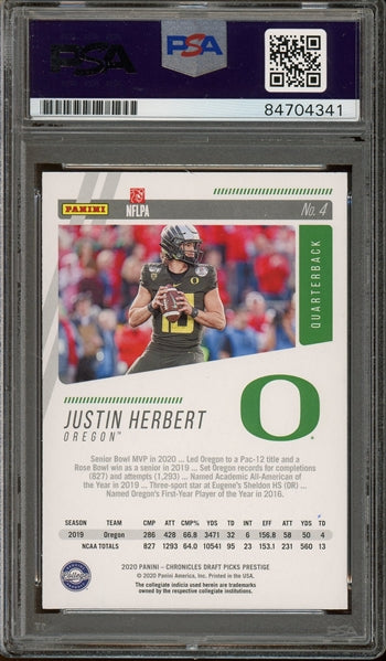 Justin Herbert Signed 2020 Panini Chronicles Prestige Draft Picks RC #4- PSA Authentic - Rookie Card