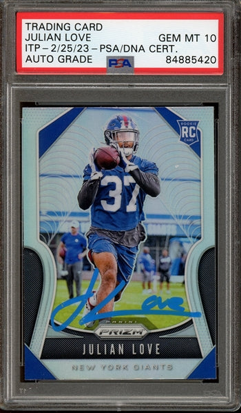 Julian Love Signed 2019 Panini Prizm Silver RC #320- Auto Graded 10 - (PSA/DNA ITP) - Rookie Card