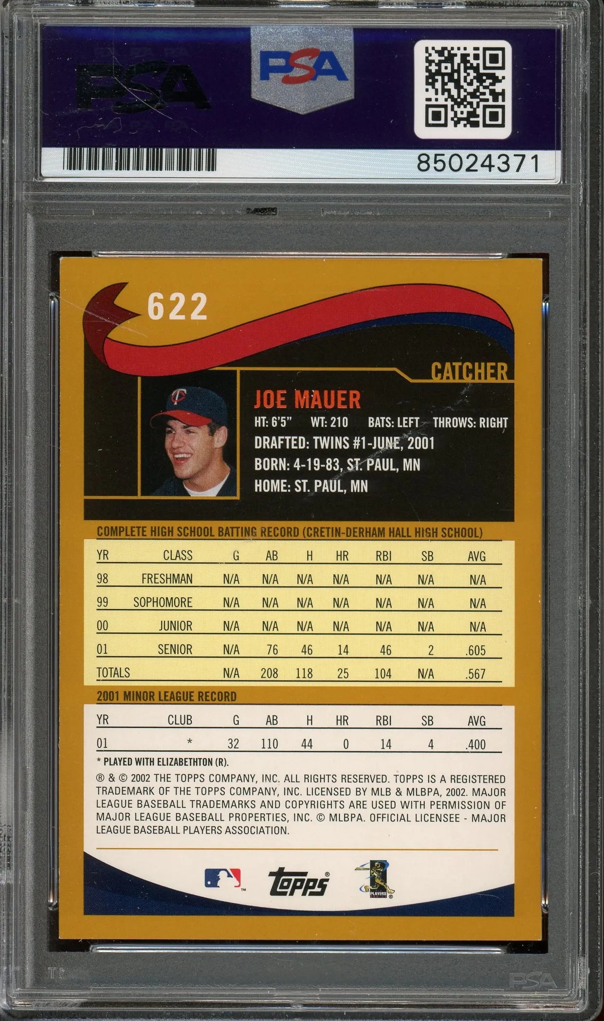 Joe Mauer Signed 2002 Topps Rookie Baseball Card #622 – Auto Graded Gem Mint 10! (PSA/DNA Encapsulated)