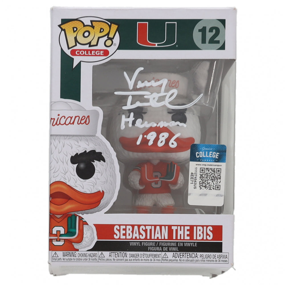 Vinny Testaverde Signed (Beckett) Miami Hurricanes #12 Sebastian the Ibis Funko Pop! Vinyl Figure Inscribed "Heisman 1986"