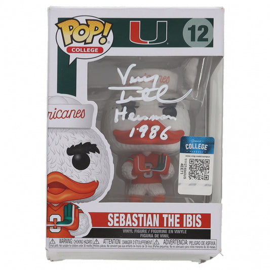 Vinny Testaverde Signed (Beckett) Miami Hurricanes #12 Sebastian the Ibis Funko Pop! Vinyl Figure Inscribed "Heisman 1986"