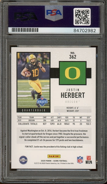 Justin Herbert Signed 2020 Panini Score RC #362 - Auto Graded (PSA) 10 - Rookie Card