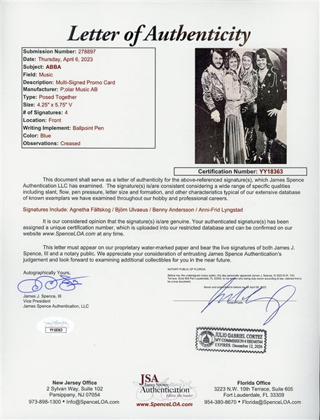 ABBA Full Band Signed 4.25"x5.75" 1974 Promo Card (JSA LOA)