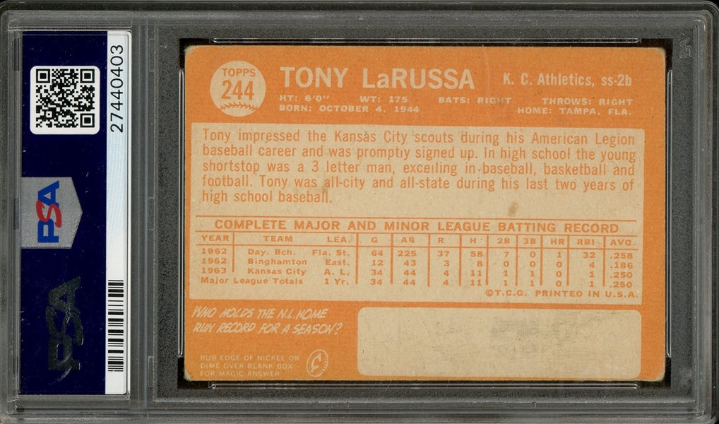 Tony LaRussa Signed 1964 Topps RC #244 - Auto Graded 9 (PSA) - Rookie Card