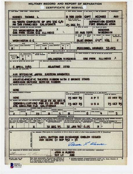 Thomas Karnes (WWII Veteran) Signed (Beckett) Military Record & Report of Separation 8.5x11 Print (Beckett COA)