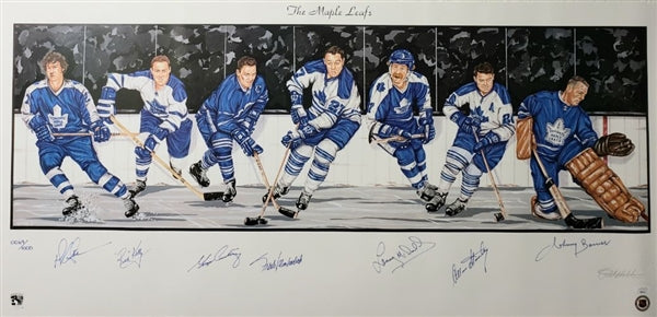 Toronto Maple Leafs Legends Multi-Signed (JSA) 18"x38" Color Lithograph w/ 7 Sigs Inc. Daryl Sittler, Johnny Bower & Red Kelly (JSA LOA)