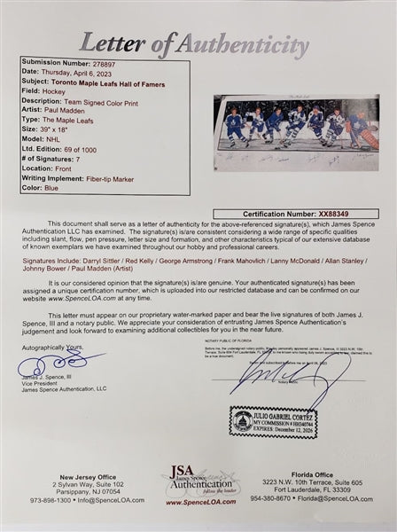 Toronto Maple Leafs Legends Multi-Signed (JSA) 18"x38" Color Lithograph w/ 7 Sigs Inc. Daryl Sittler, Johnny Bower & Red Kelly (JSA LOA)