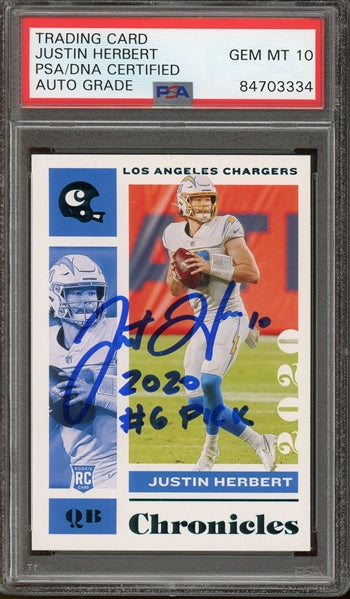 Justin Herbert "2020 #6 Pick" Signed 2020 Panini Chronicles RC #53 - Auto Graded PSA 10 - Rookie Card