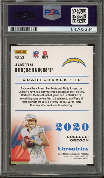 Justin Herbert "2020 #6 Pick" Signed 2020 Panini Chronicles RC #53 - Auto Graded PSA 10 - Rookie Card