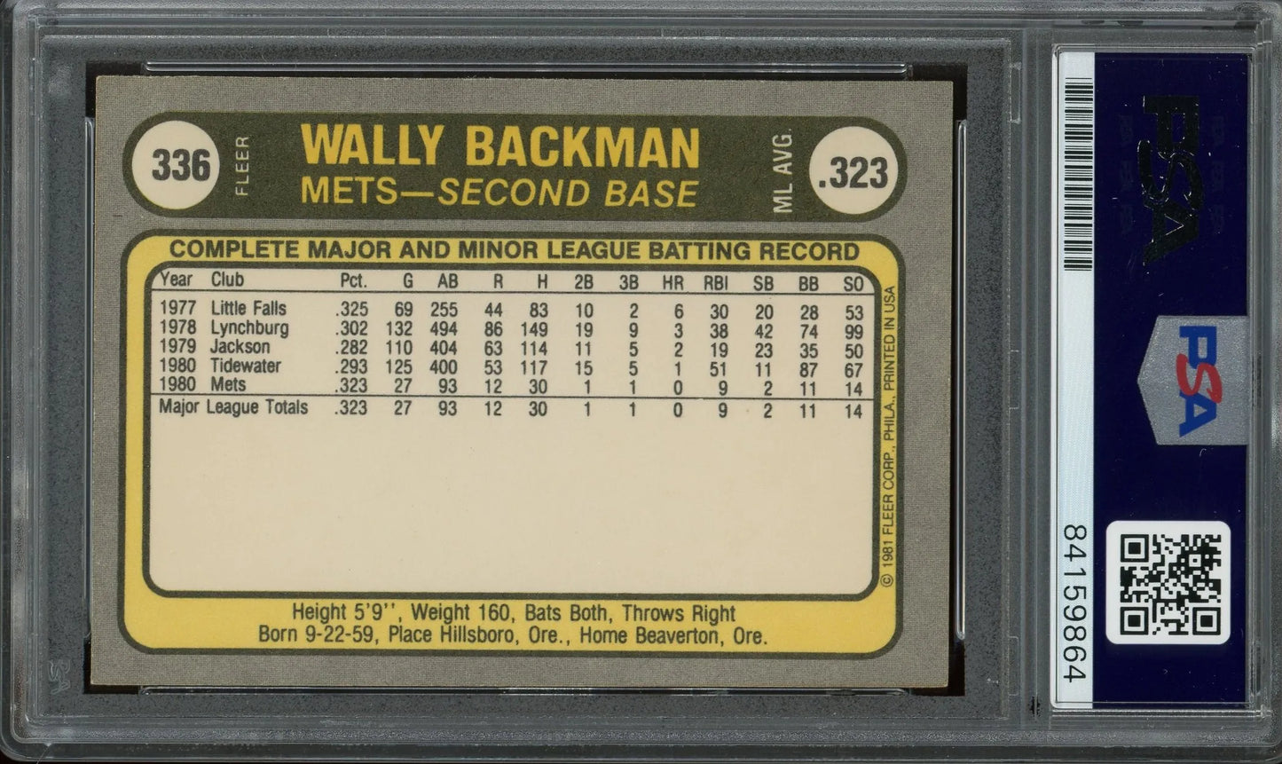 Wally Backman “1986 WS Champs” Signed 1981 Fleer Card #336 RC - PSA/DNA - Rookie Card