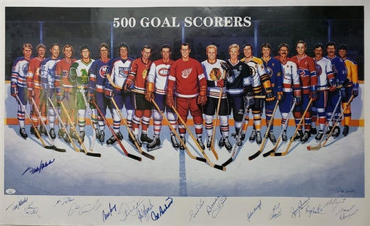 500 Goal Scorers (17 Total) - (JSA LOA) Howe, Dionne, Hull, Bossy, Esposito, Richard, LaFleur & Others - Signed 23"x38" Ron Lewis Print