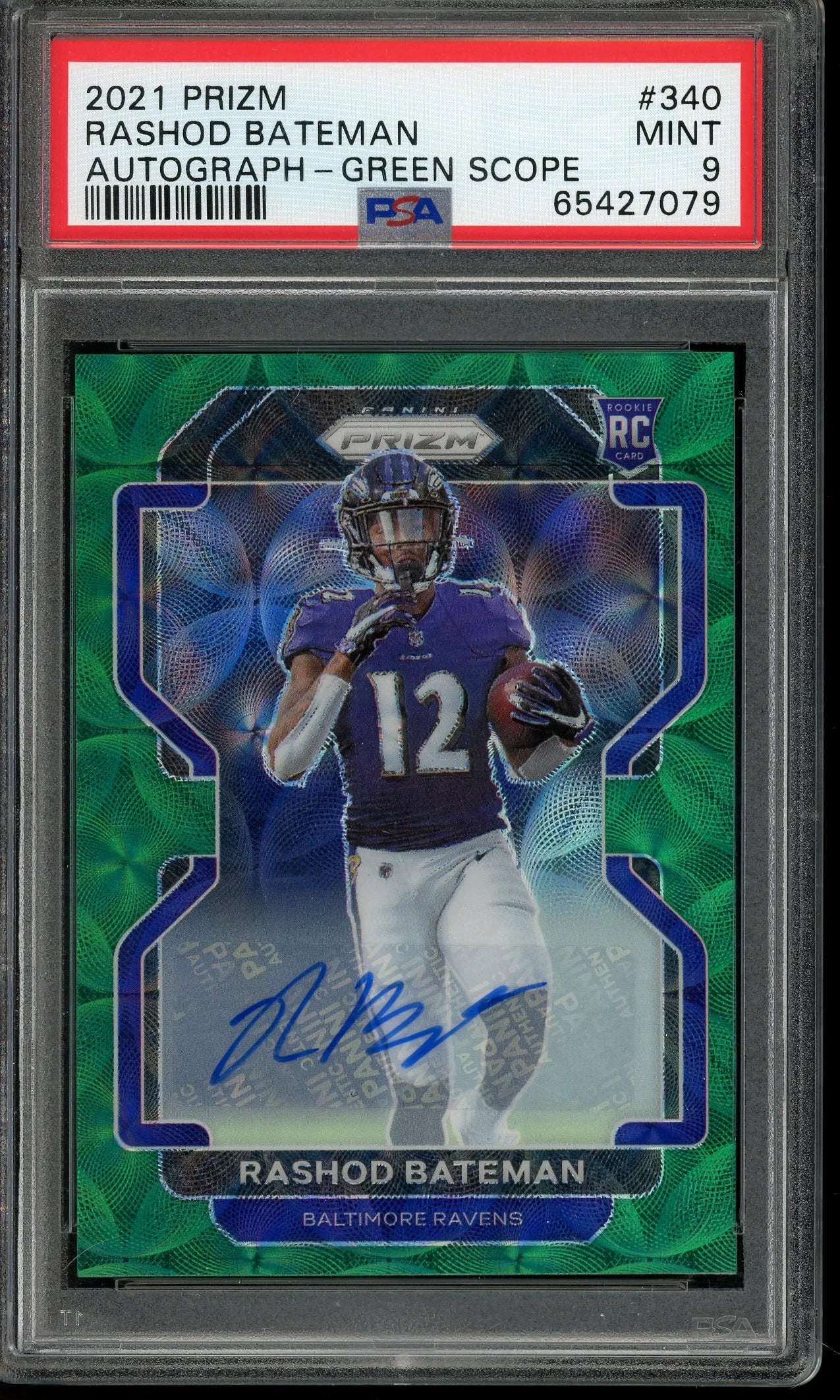 Rashod Bateman 2021 Panini Prizm Autograph Green Scope Rookie Autograph Card #340- 2/75- PSA 9 - RC